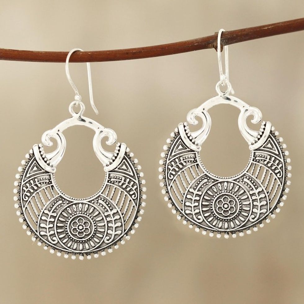 Round Floral Sterling Silver Dangle Earrings from India 'Floral Descent'