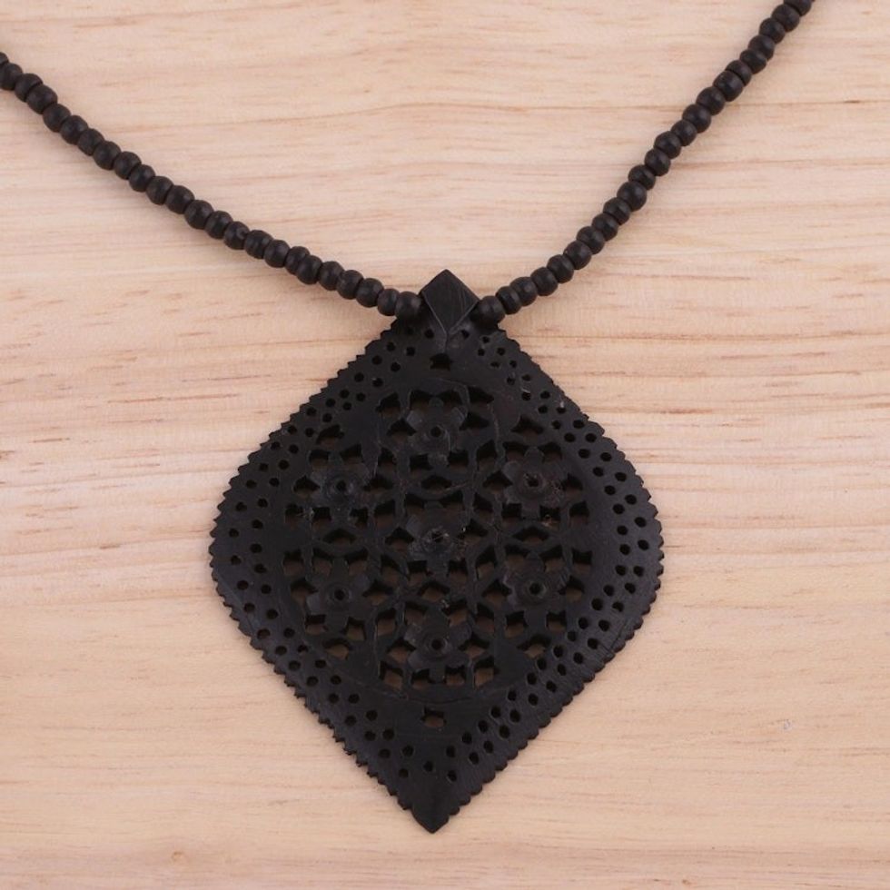 Beaded Ebony Wood Necklace with Hand Carved Leaf Pendant 'Mughal Delight'