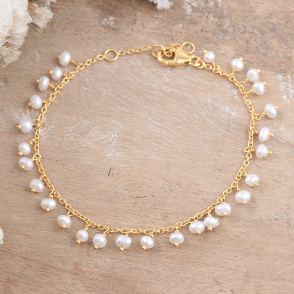 Handmade Gold-Plated Cultured Pearl Charm Bracelet 'Charmed Circle'