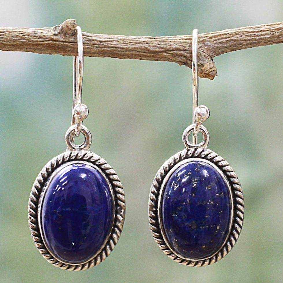 Oval Lapis Lazuli and Sterling Silver Dangle Earrings 'Deep Blue Grandeur'