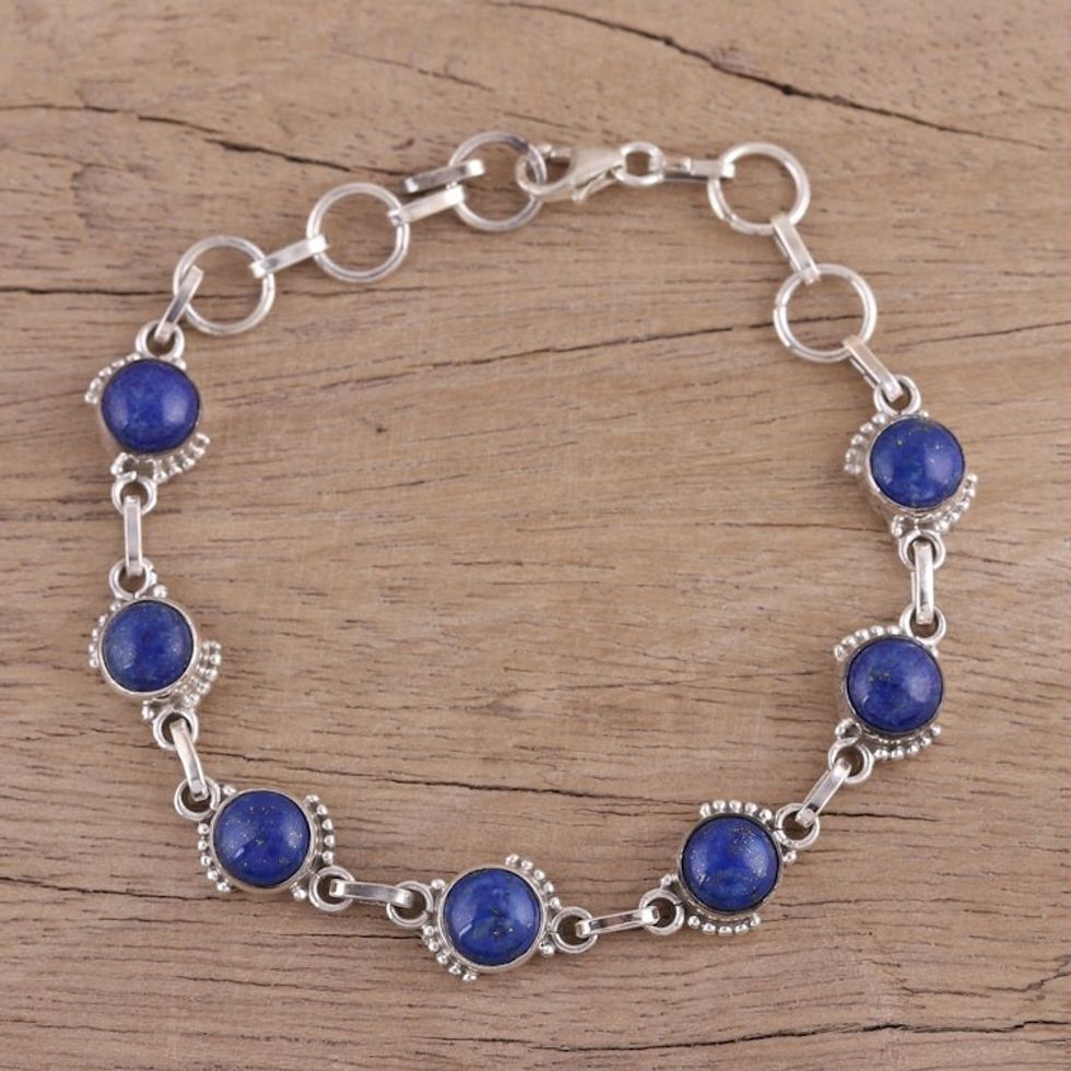 Lapis Lazuli and Sterling Silver Link Bracelet from India 'Charming Orbs'
