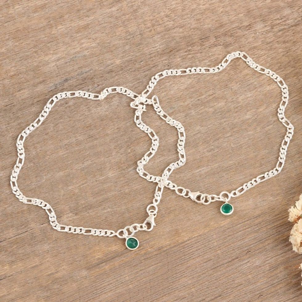 Pair of Green Onyx Sterling Silver Anklets from India 'Green Nobility'