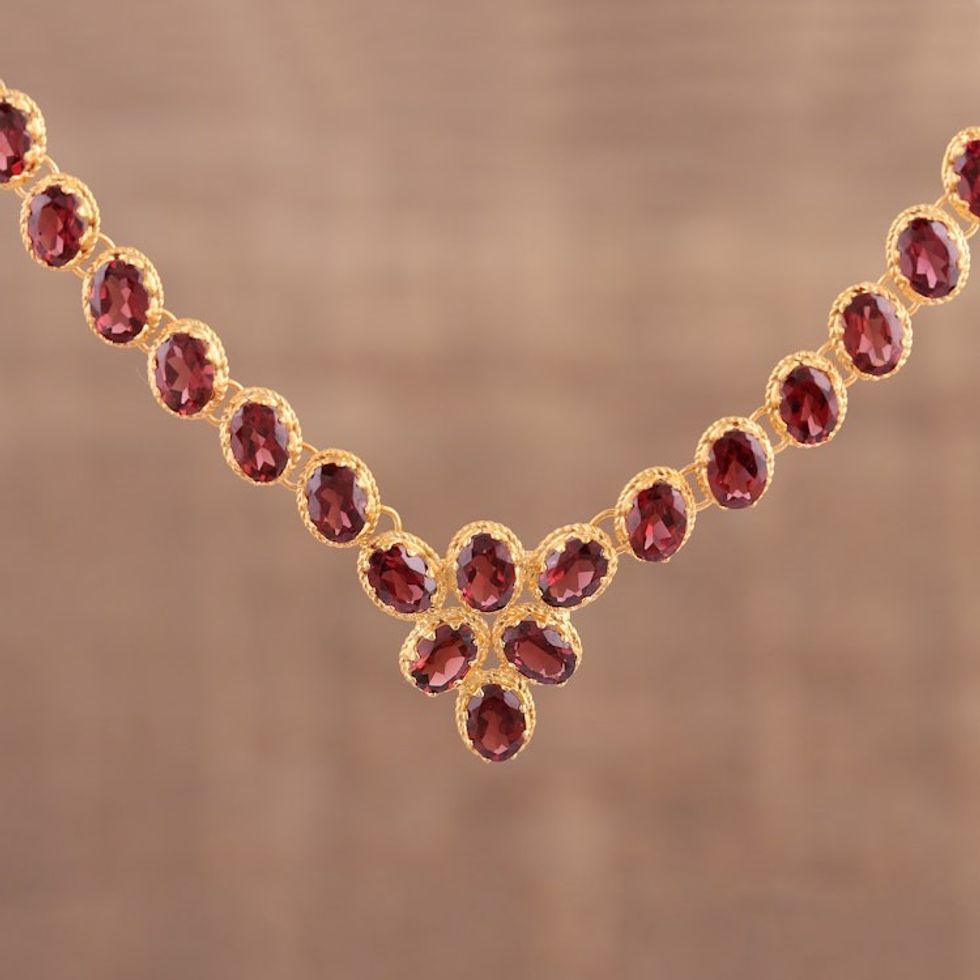 Gold Vermeil Garnet Link Necklace Handcrafted in India 'Cherry Garland'