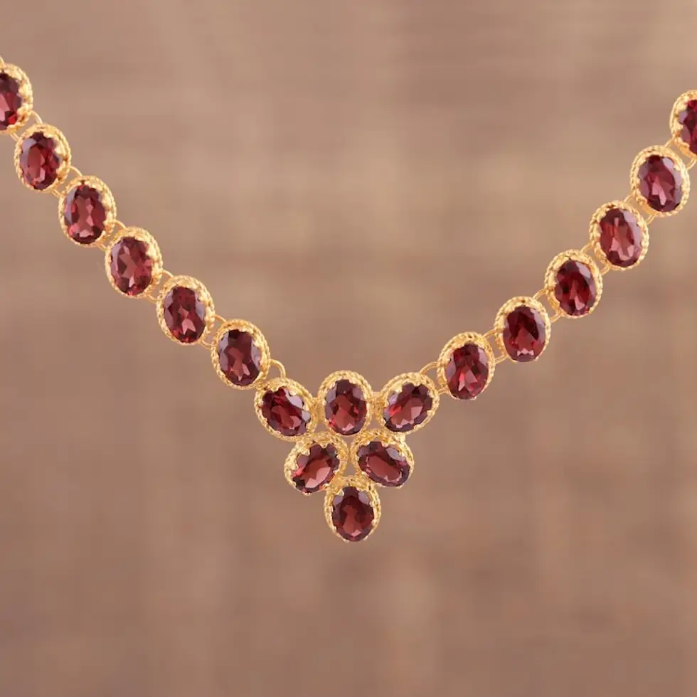 Gold Vermeil Garnet Link Necklace Handcrafted in India 'Cherry Garland'