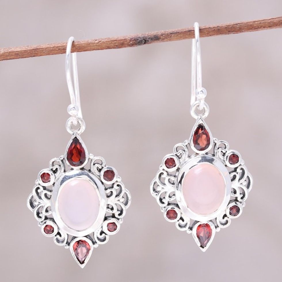 Garnet and Rose Quartz Dangle Earrings from India 'Glory of Red'