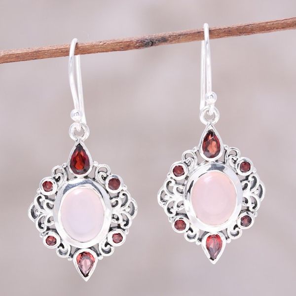 Alternate image for Garnet and Rose Quartz Dangle Earrings from India Glory of Red