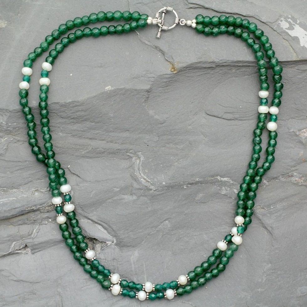 Aventurine and pearl strand necklace 'Indian Meadows'