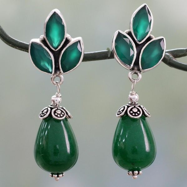 Alternate image for Glossy Green Earrings with Onyx and Chalcedony from India Glowing Green