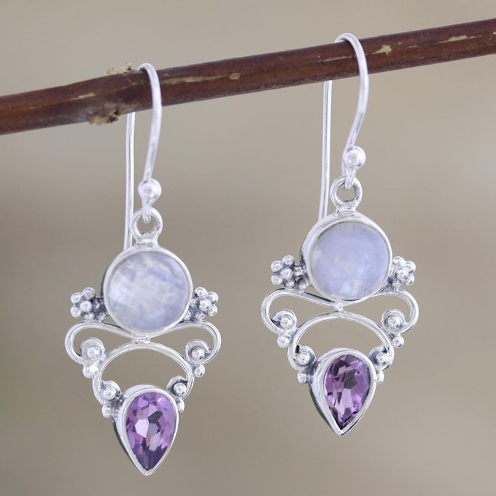 Amethyst and Rainbow Moonstone Dangle Earrings 'Mystic Tide'