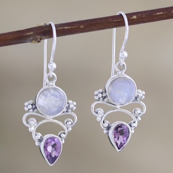 Alternate image for Amethyst and Rainbow Moonstone Dangle Earrings Mystic Tide