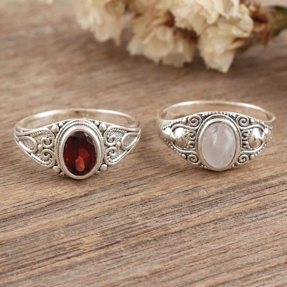 Pair of Sterling Silver Gemstone Cocktail Rings from India 'Second Time's the Charm'