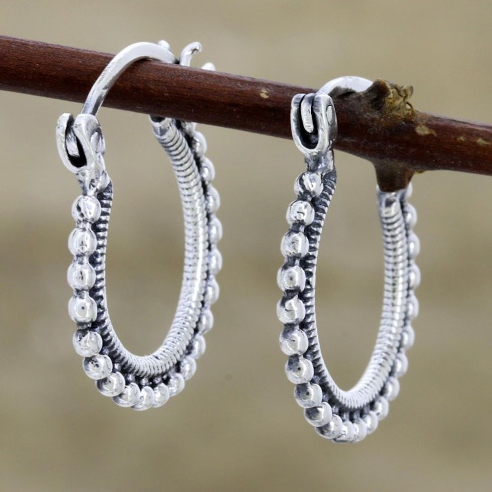 Beaded Sterling Silver Hoops from India 'Brightly Shining'