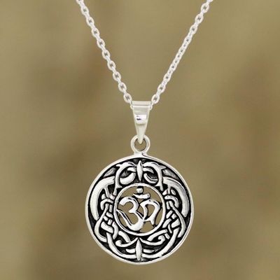 Alternate image for Celtic Om Sterling Silver Pendant Necklace from India Om Pattern