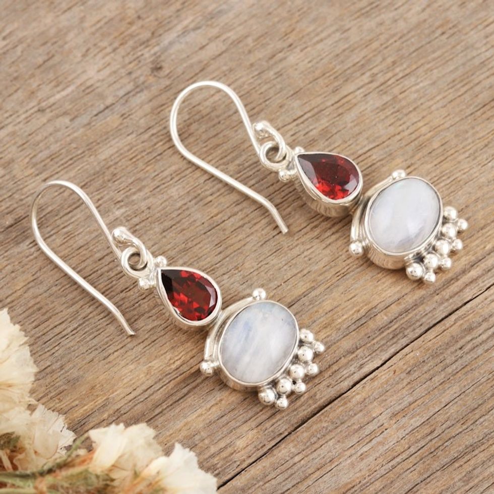 Rainbow Moonstone  Garnet Sterling Silver Dangle Earrings 'Dual Love'