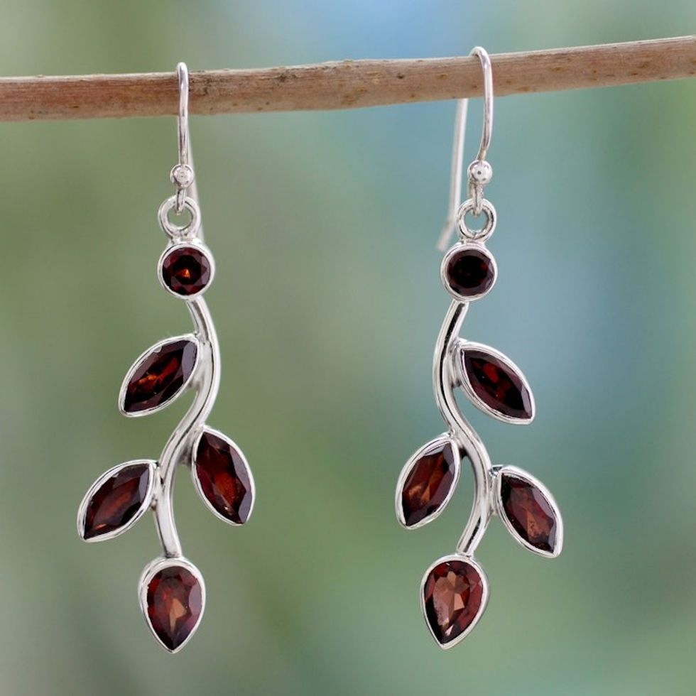 Garnet and Sterling Silver Earrings Indian Jewelry 'Scarlet Bouquet'