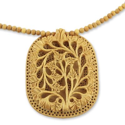 Alternate image for Hand Made Indian Floral Wood Pendant Necklace Elephant Shadow