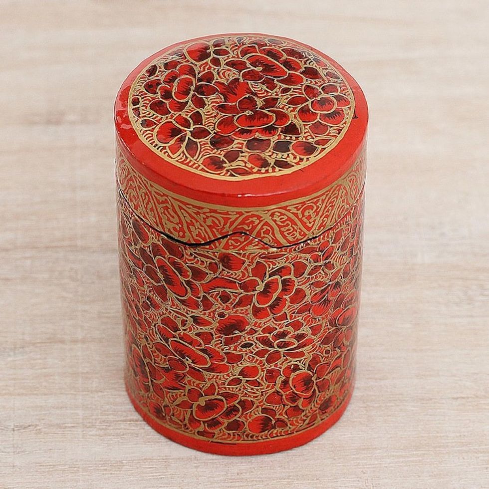 Hand-Painted Red and Gold Floral Wood Toothpick Holder 'Red Floral Beauty'