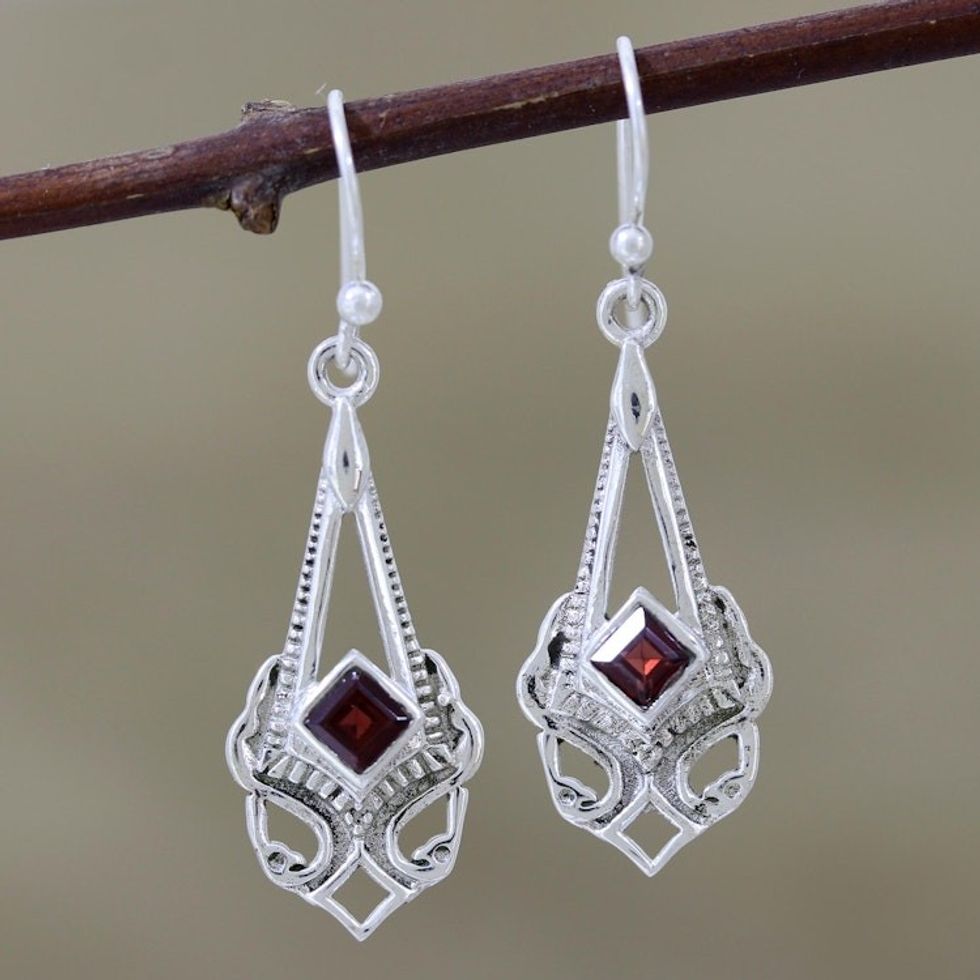 Square Faceted Garnet Sterling Silver Dangle Earrings 'Perfect Pendulum'