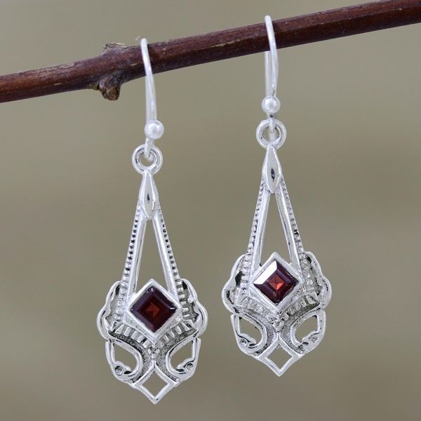 Alternate image for Square Faceted Garnet Sterling Silver Dangle Earrings Perfect Pendulum
