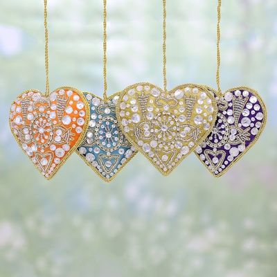Alternate image for 4 Heart Shaped Multicolored Embroidered Ornaments from India Colorful Hearts