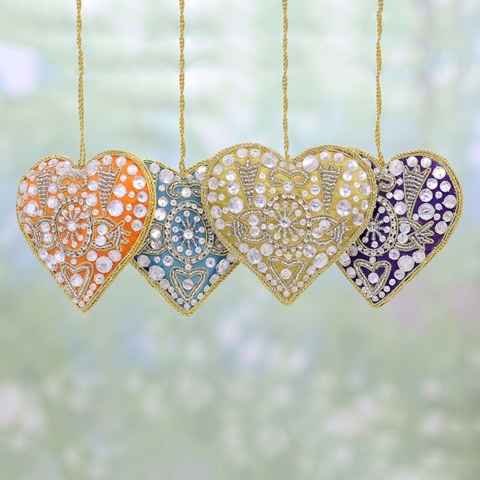 4 Heart Shaped Multicolored Embroidered Ornaments from India 'Colorful Hearts'