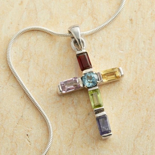 Alternate image for Handmade Multigem Cross Sterling Silver Religious Choker Kolkata Cross
