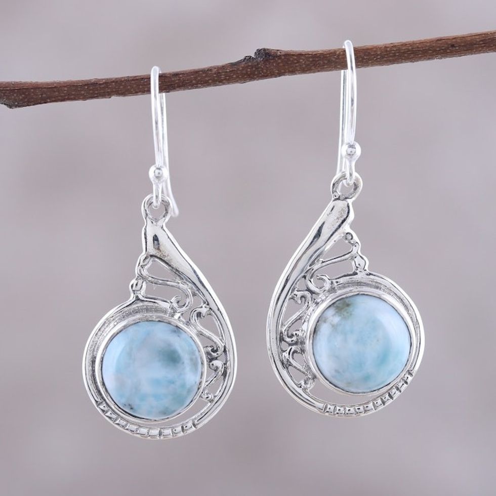 Circular Larimar Dangle Earrings from India 'Sea of Delight'