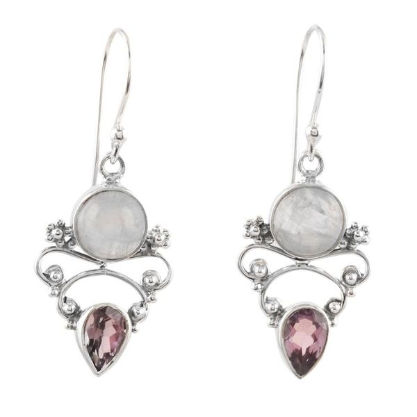 Alternate image for Amethyst and Rainbow Moonstone Dangle Earrings Mystic Tide