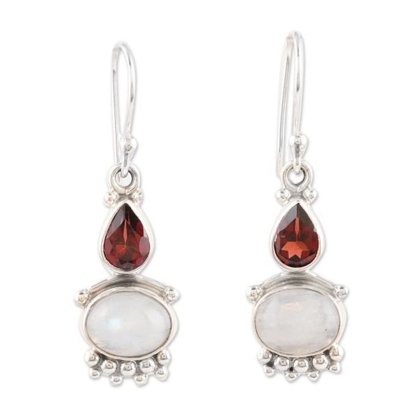 Alternate image for Rainbow Moonstone  Garnet Sterling Silver Dangle Earrings Dual Love