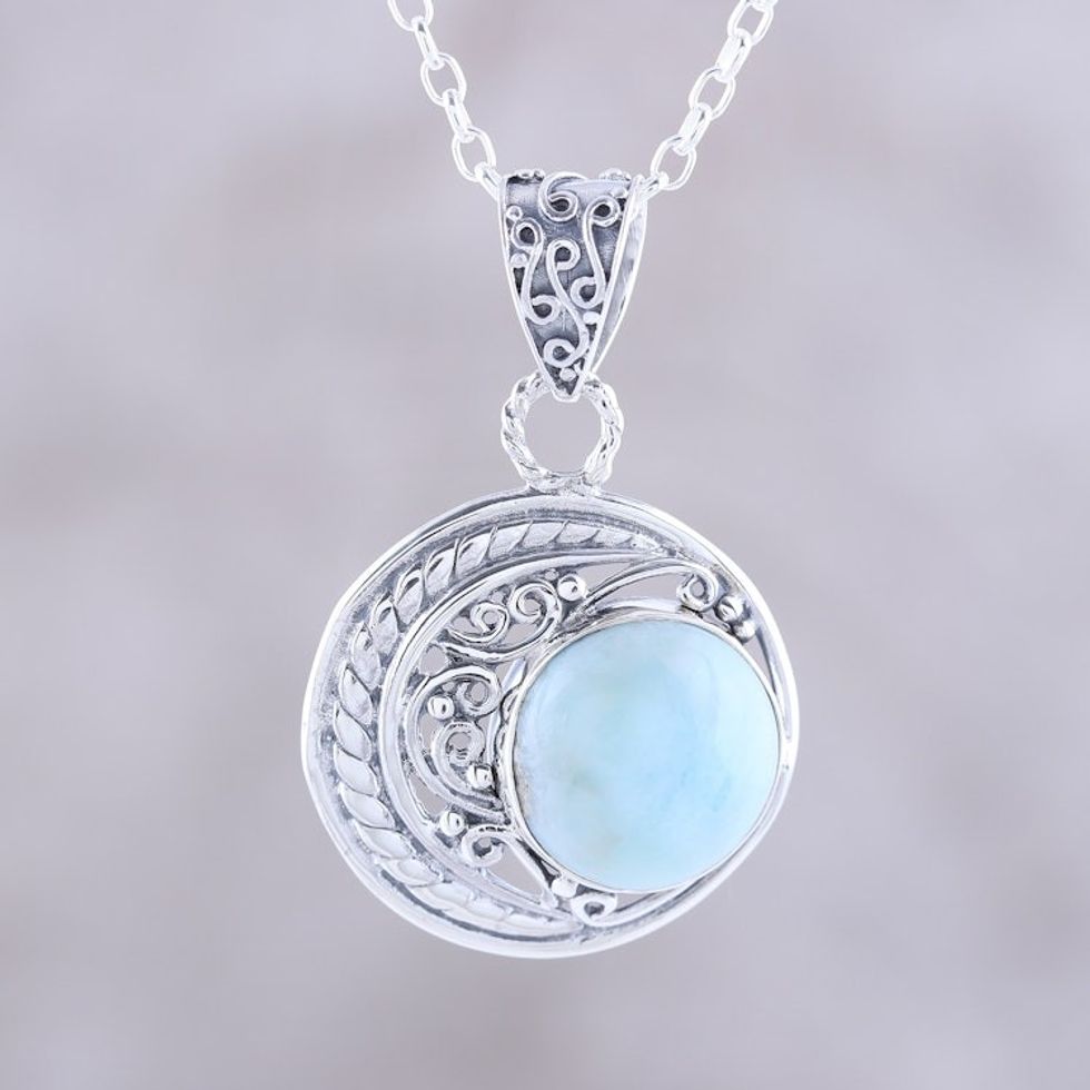 Crescent Motif Larimar Pendant Necklace from India 'Crescent Elegance'