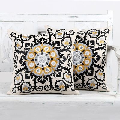 Alternate image for Embroidered Cotton Ecru Cushion Covers from India Pair Jaipur Blossom