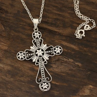 Alternate image for Floral Cross Sterling Silver Pendant Necklace from India Floral Faith