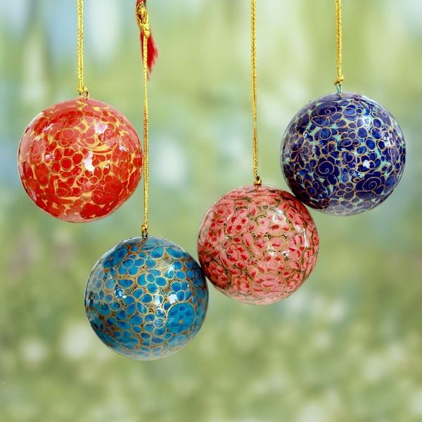 Alternate image for Fair Trade Hand Painted Round Floral Ornaments set of 4 Kashmiri Holiday