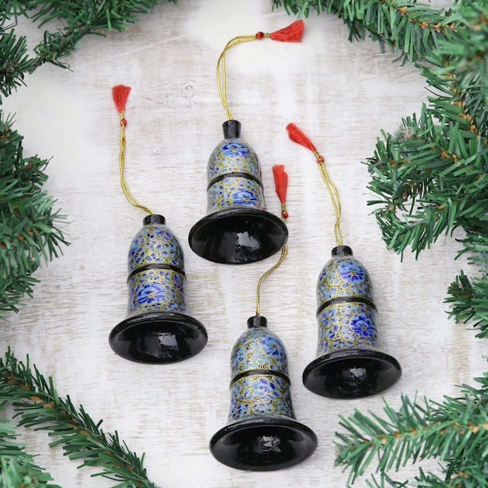 Papier Mache Bell Ornaments in Blue from India Set of 4 'Blue Bloom'