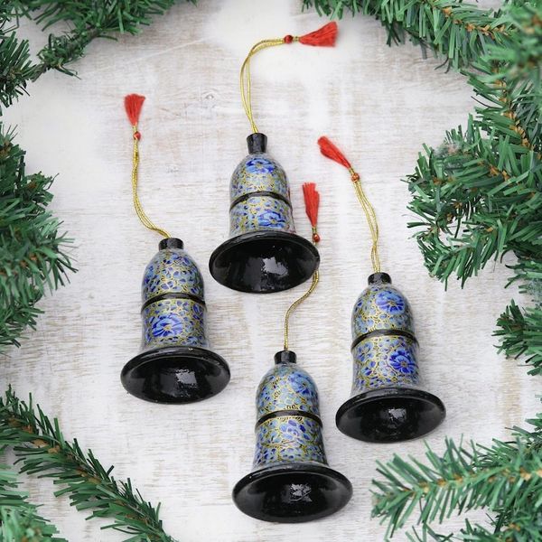 Alternate image for Papier Mache Bell Ornaments in Blue from India Set of 4 Blue Bloom