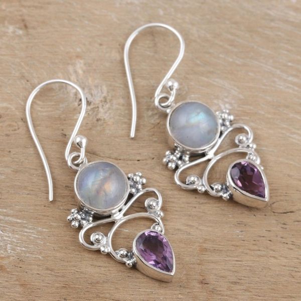Alternate image for Amethyst and Rainbow Moonstone Dangle Earrings Mystic Tide