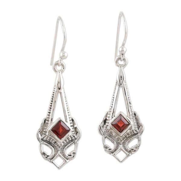 Alternate image for Square Faceted Garnet Sterling Silver Dangle Earrings Perfect Pendulum
