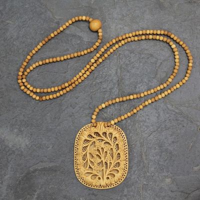 Alternate image for Hand Made Indian Floral Wood Pendant Necklace Elephant Shadow