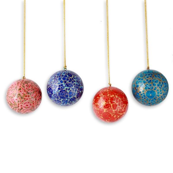 Alternate image for Fair Trade Hand Painted Round Floral Ornaments set of 4 Kashmiri Holiday