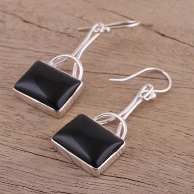 Alternate image for Black Onyx Rectangular Dangle Earrings from India Mystical Gaze in Black