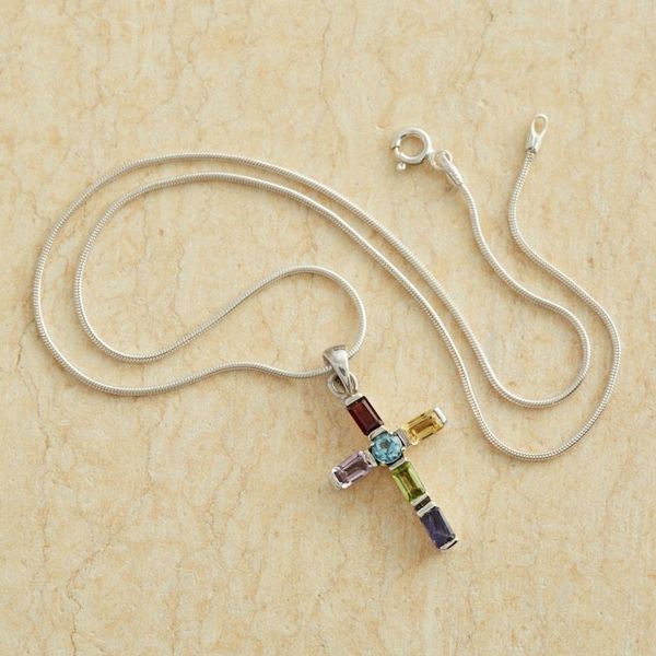 Alternate image for Handmade Multigem Cross Sterling Silver Religious Choker Kolkata Cross