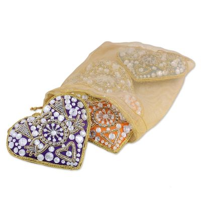 Alternate image for 4 Heart Shaped Multicolored Embroidered Ornaments from India Colorful Hearts