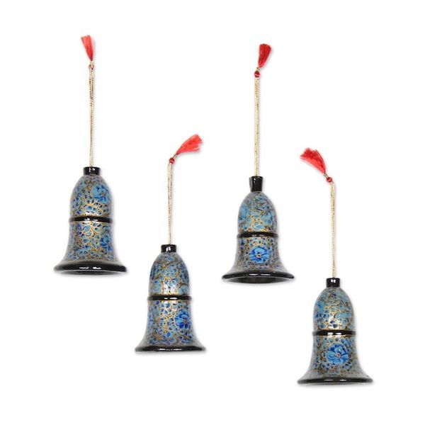 Alternate image for Papier Mache Bell Ornaments in Blue from India Set of 4 Blue Bloom