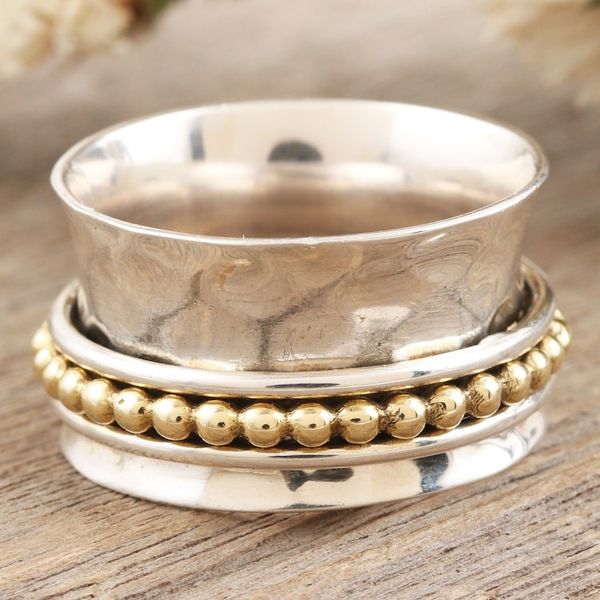 Alternate image for Sterling Silver and Brass Meditation Spinner Ring from India Dotted Path