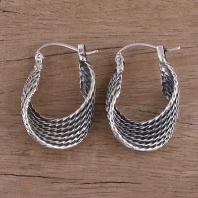 Alternate image for Unique Sterling Silver Hoop Earrings with Twist Design Turn Around