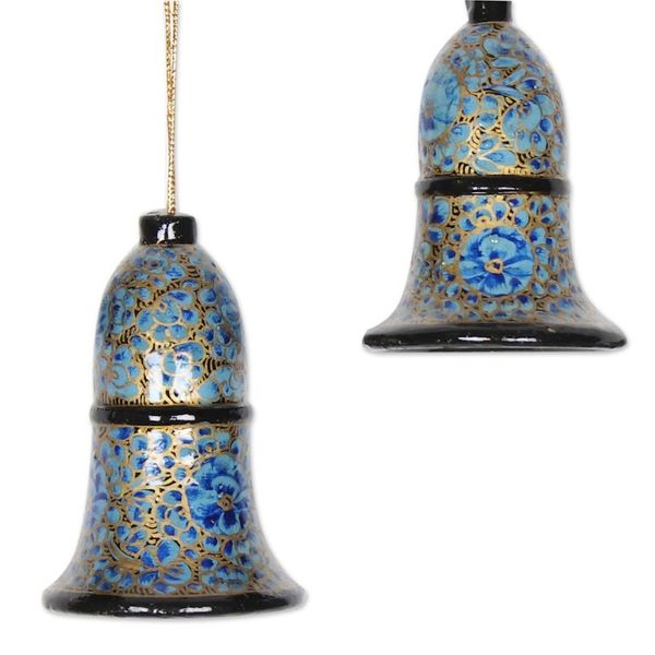 Alternate image for Papier Mache Bell Ornaments in Blue from India Set of 4 Blue Bloom