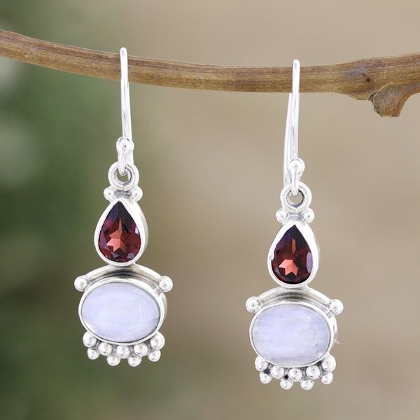 Alternate image for Rainbow Moonstone  Garnet Sterling Silver Dangle Earrings Dual Love
