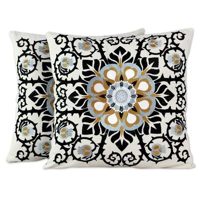Alternate image for Embroidered Cotton Ecru Cushion Covers from India Pair Jaipur Blossom