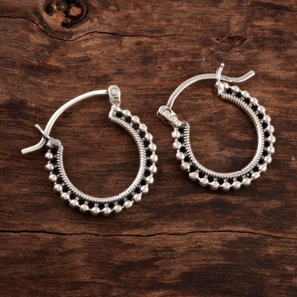 Alternate image for Beaded Sterling Silver Hoops from India Brightly Shining