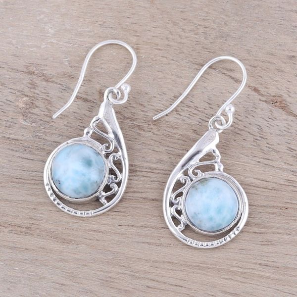 Alternate image for Circular Larimar Dangle Earrings from India Sea of Delight